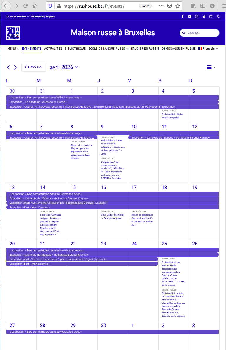 Page Internet. Maison russe Bruxelles-Europe. Calendrier des événements culturels du 1er au 30 avril 2026. 2026-04-01
